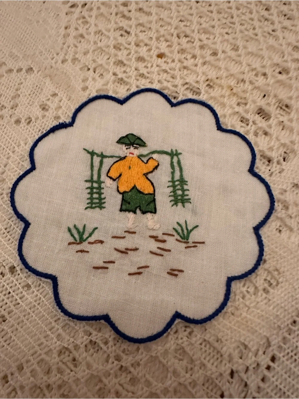 Vintage Hand-Embroidered Linen Cocktail Coasters – Asian Men - Set of 6